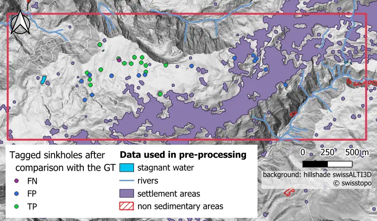 TP, FP, and FN as dots corresponding to the doline centroids for the evaporites area